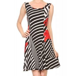 Sleeveless Stripes & Floral Printed A-Line Dress